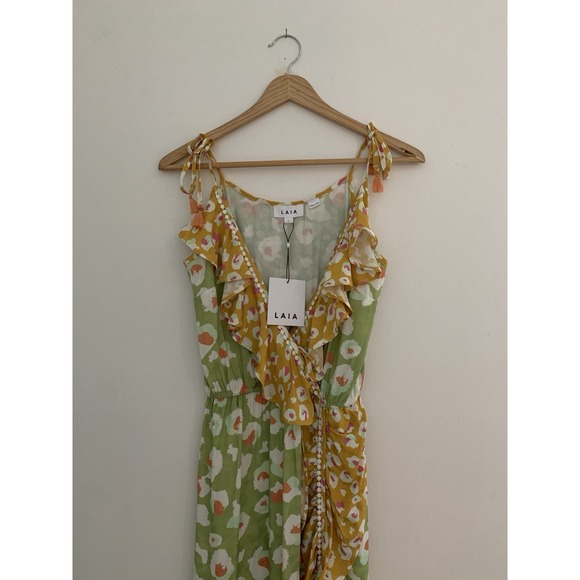 NWTAnthropologie LAIA Dress Sz S Colorful Animal Print Faux Wrap Ruffle Tassels - Picture 2 of 8